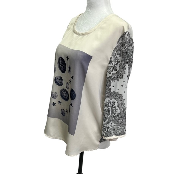 Maison Scotch Beige Black Graphic Top 3/4 Sleeves Size S - Picture 4 of 10